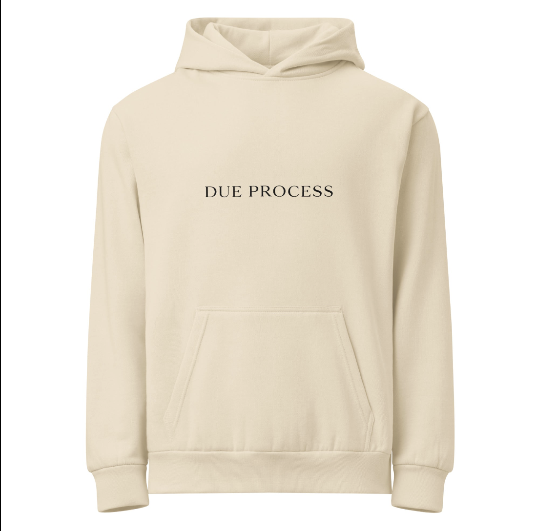 Minimal luxury cream hoodie reading Due Process, ethical fashion supporting immigrant legal defense